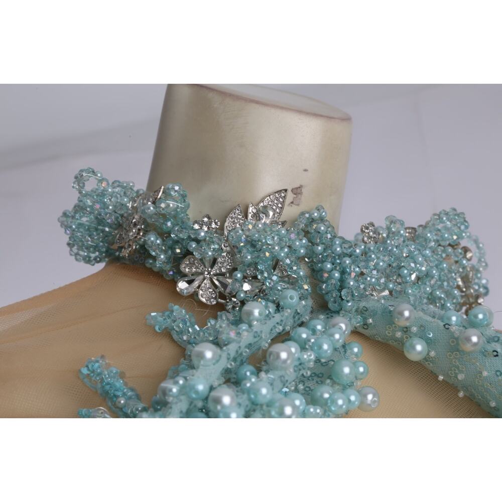 Albina Dyla Aqua Crystal Pearl Mesh Cutout Evening Formal Gala Couture Gown Sz S - Picture 12 of 16